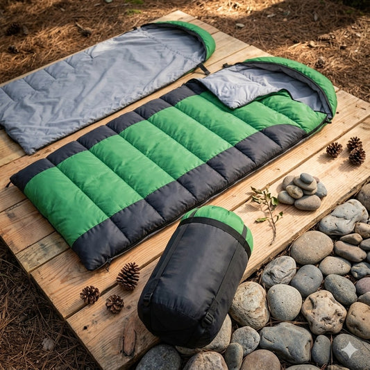 Green and gray sleeping bag on a wooden platform with rocks and pine cones. Big Green Bear