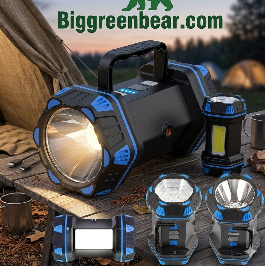 Set of portable lights on a wooden surface with 'Biggreenbear.com' branding.