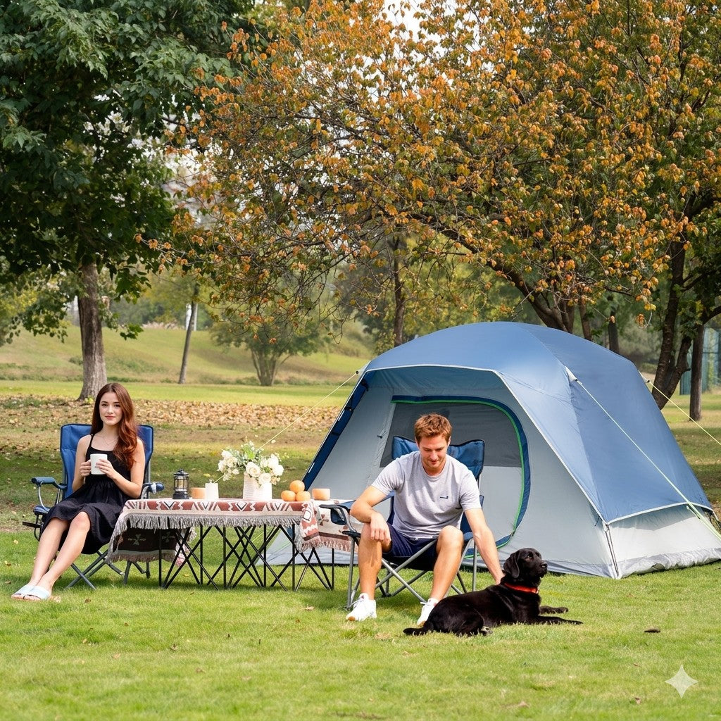 Two people with a dog sitting in front of a blue tent in a park.