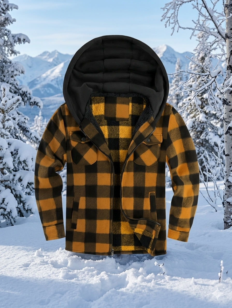 A yellow and black buffalo plaid hooded jacket with a black fleece-lined hood, displayed against a snowy mountain background.