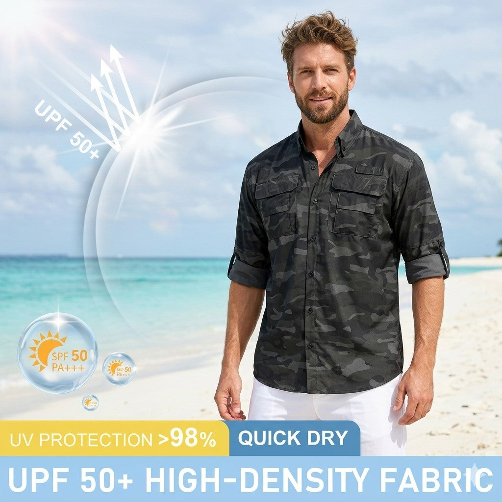 Man wearing a camouflage shirt on a beach with sun protection features highlighted