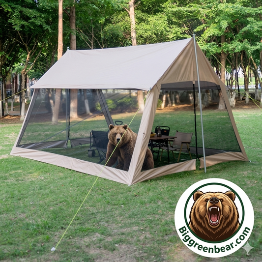 Tent with bear inside in a forest setting, featuring the Biggreenbear.com logo.
