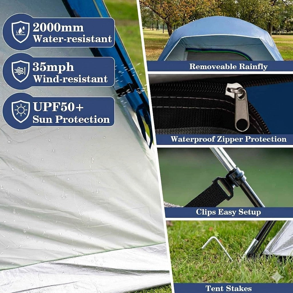 Tent with water-resistant, wind-resistant, and sun protection features displayed.