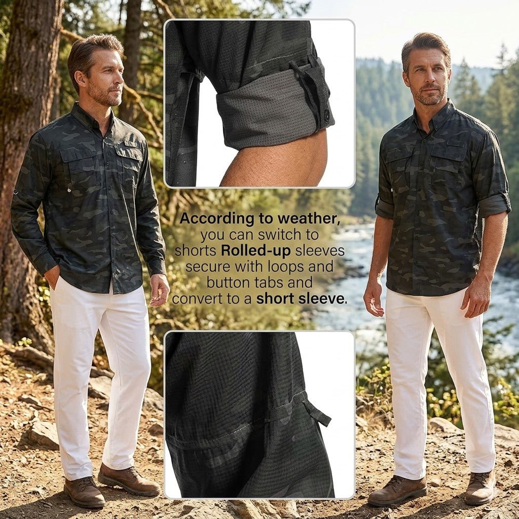 Man wearing a dark green camouflage shirt with white pants outdoors, with text about clothing features.