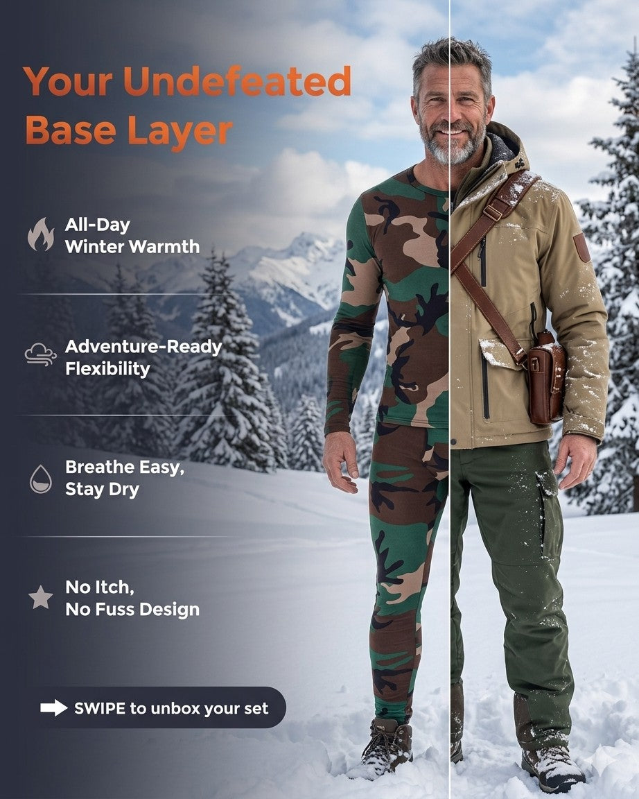 Person wearing camouflage base layer and outdoor jacket in a snowy landscape with promotional text about clothing features.