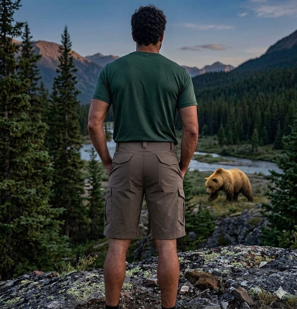 Back view of brown lightweight men's camping shorts showing zipper pockets and belt loops - Big Green Bear