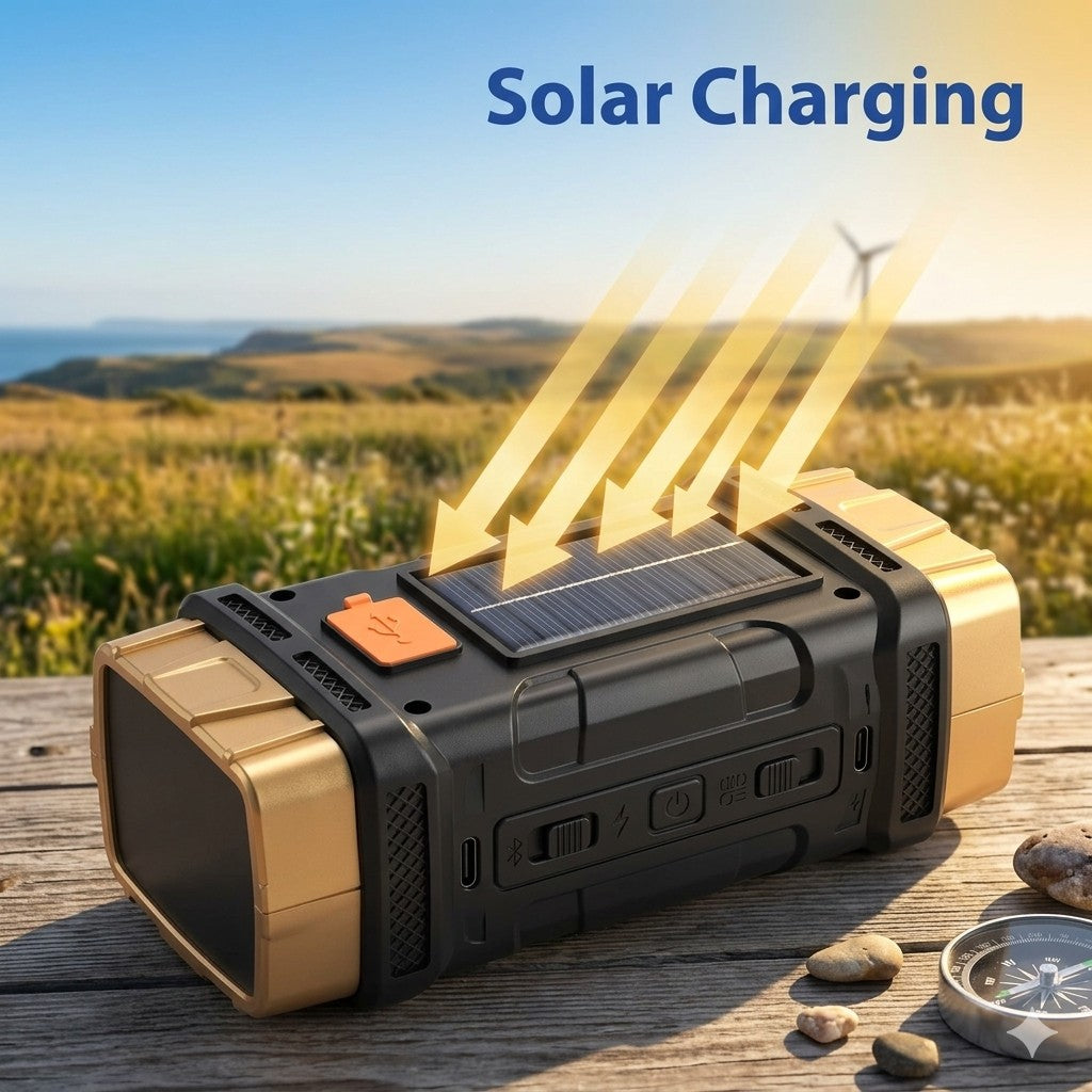 Solar charging device on a wooden surface with a scenic background