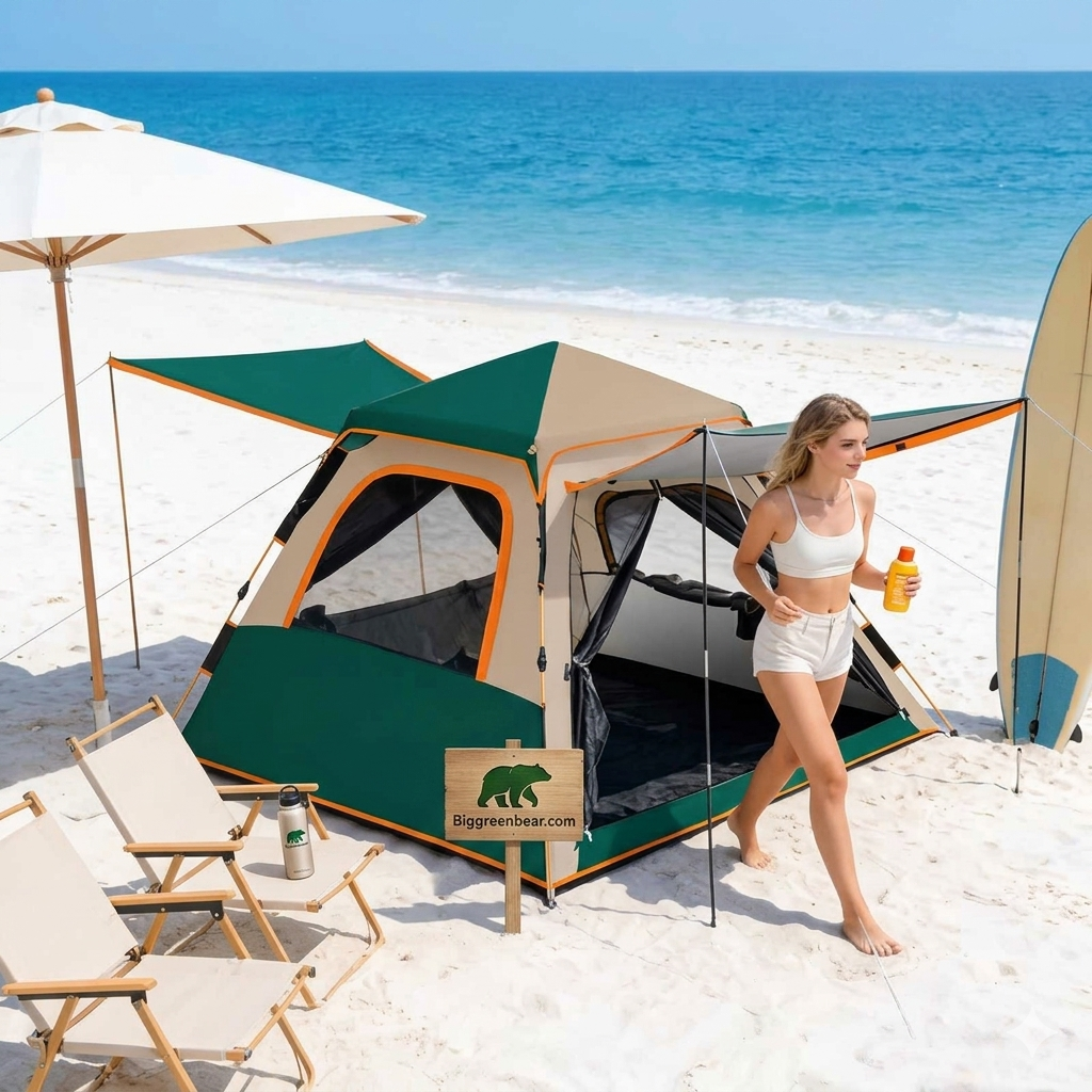 Woman standing next to a green and beige tent on a sandy beach with ocean view