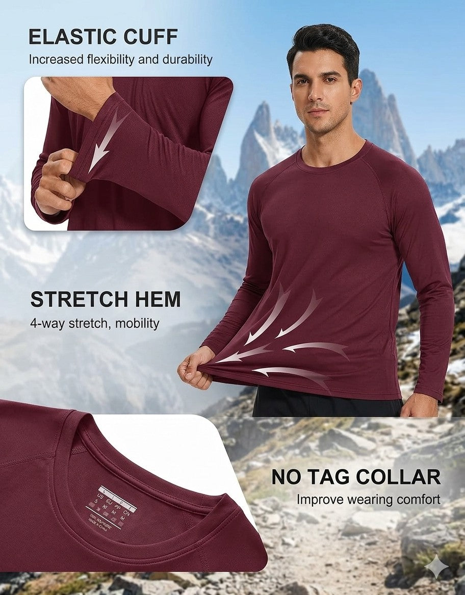 Maroon long-sleeve shirt with text highlighting features like elastic cuff, stretch hem, and no tag collar against a mountainous background.