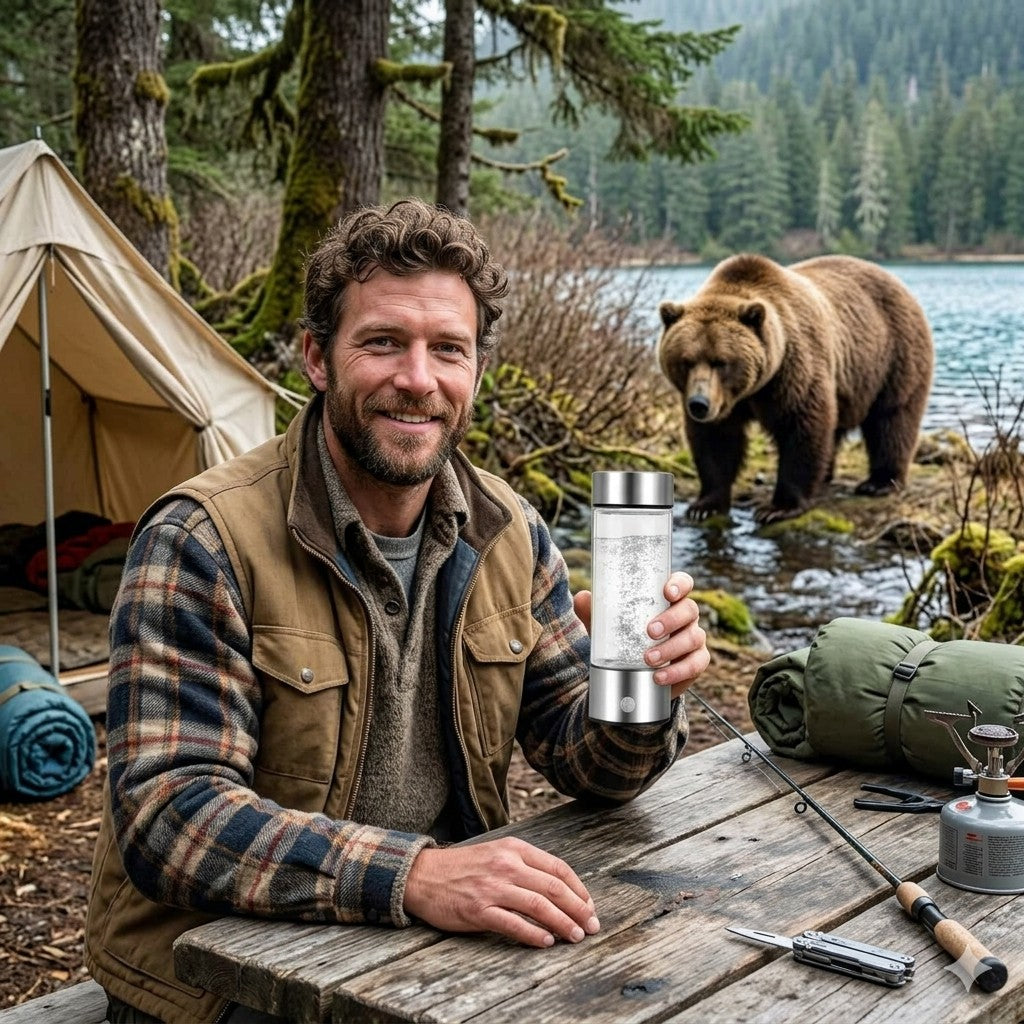 man camping with bear in the backround
