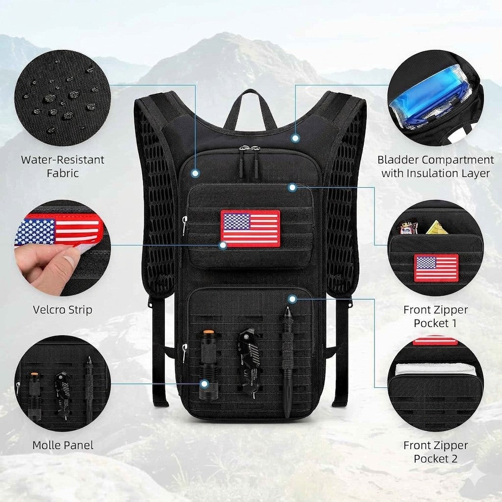 Black tactical-style backpack shown on a light outdoor mountain background with callout circles highlighting features: water-resistant fabric, bladder compartment with insulation, front zipper pocket 1, front zipper pocket 2, morale panel, and a Velcro strip with an American flag patch.