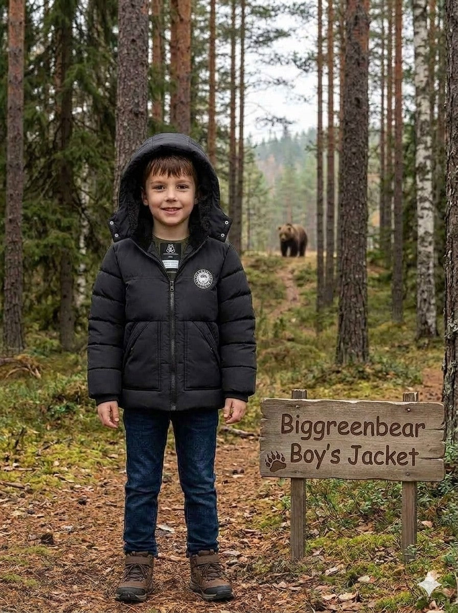 Child wearing a black jacket standing in a forest with a bear in the background and a sign for 'Biggreenbear Boy's Jacket'.