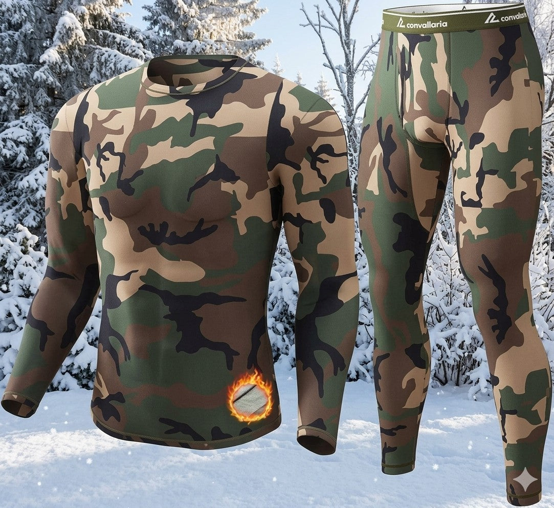 Camouflage long-sleeve shirt and pants set on a snowy background