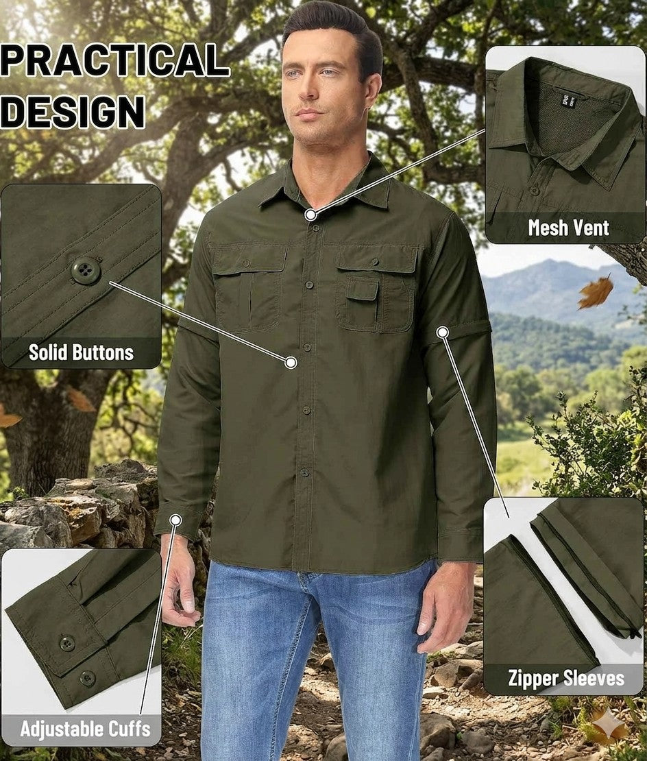 Man wearing a green shirt with text highlighting features like mesh vent, solid buttons, zipper sleeves, and adjustable cuffs, set against a natural background.