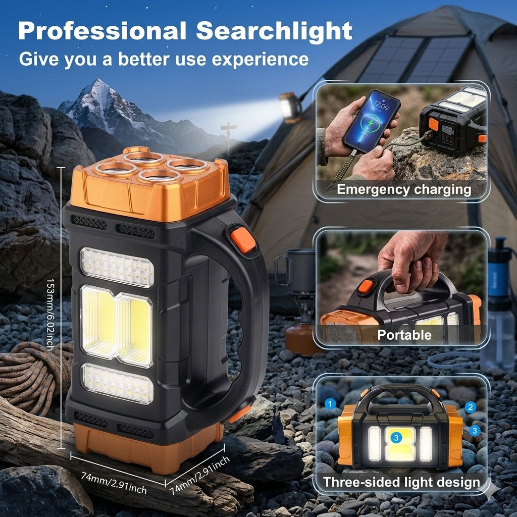 Professional searchlight with camping scene, emergency charging, and portable features.