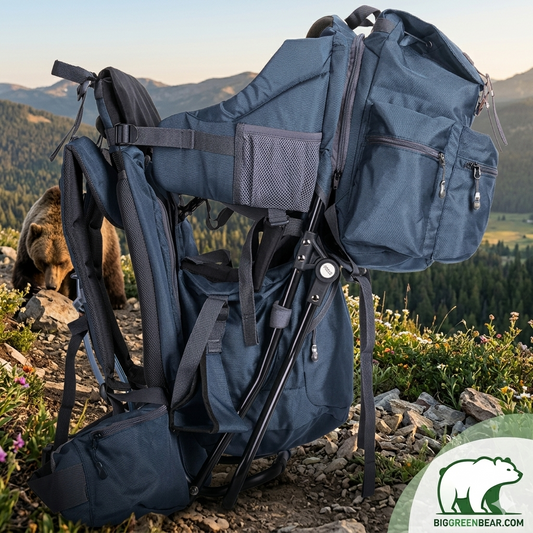 Blue backpack with a bear in the background on a mountain trail Biggreenbear.com