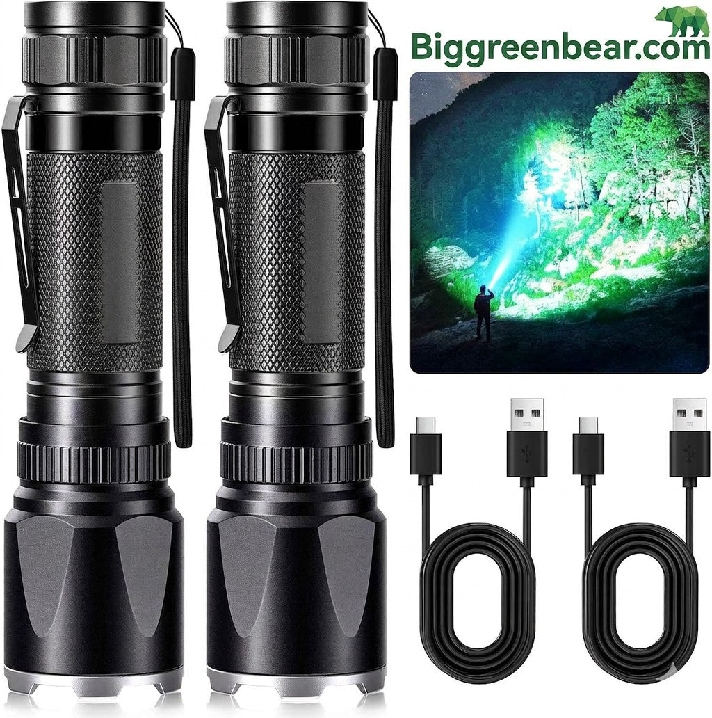 Two black flashlights with charging cables and a inset showing their use in a dark forest. Biggreenbear.com