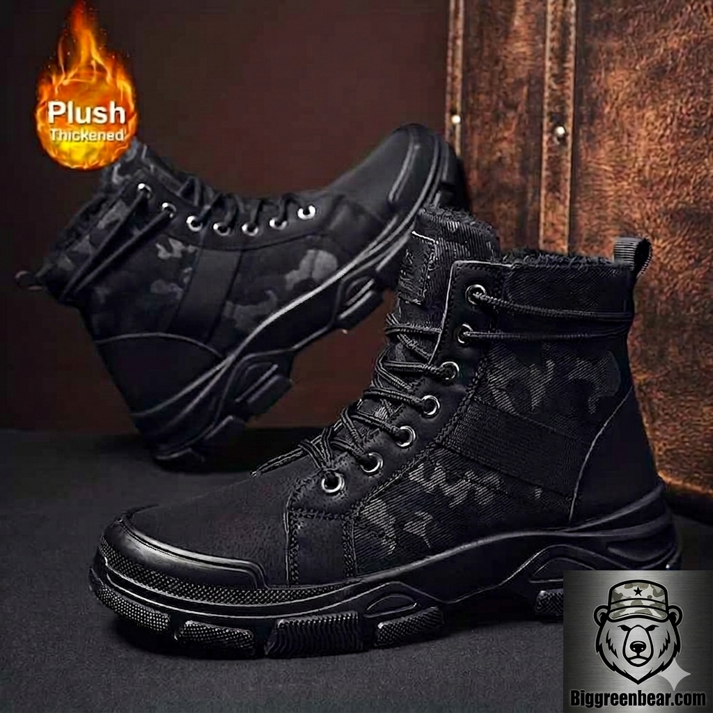 Black tactical boots with plush thickening feature on a dark Biggreenbear.combackground