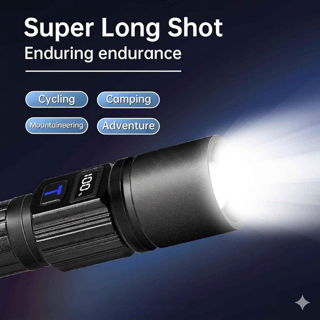 Flashlight with text 'Super Long Shot Enduring endurance' and usage categories on a dark background