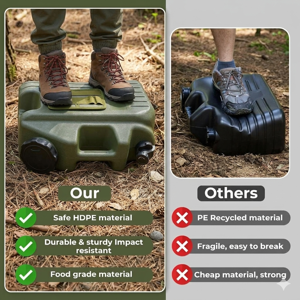 A side-by-side comparison graphic showing a green jerrycan being used outdoors with a person's feet on top, labeled 'Our', versus a black jerrycan being crushed underfoot, labeled 'Others'. The graphic includes text highlighting the green jerrycan's safe HDPE material, durability, and food-grade quality.