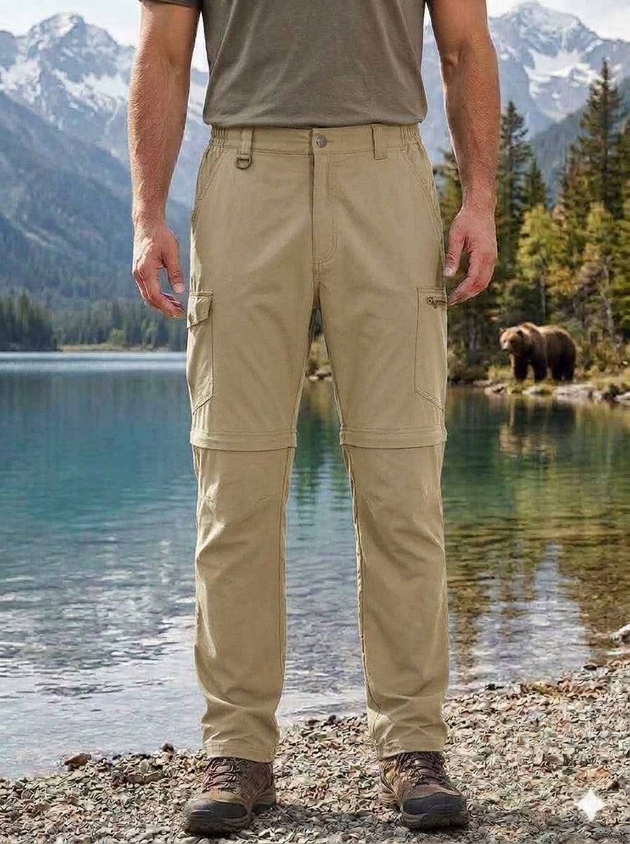 Person wearing beige pants standing by a lake with a bear in the background Big Green Bear