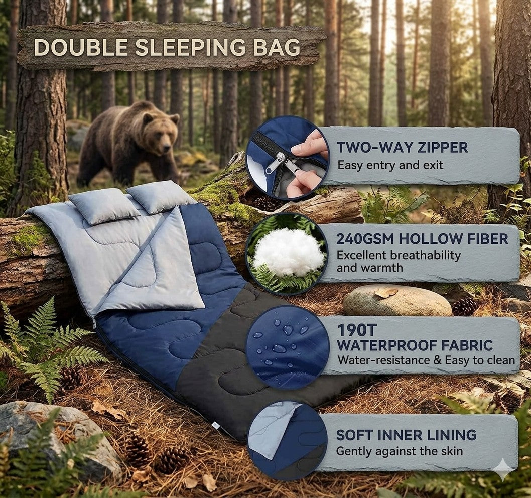 Double sleeping bag with features highlighted in a forest setting