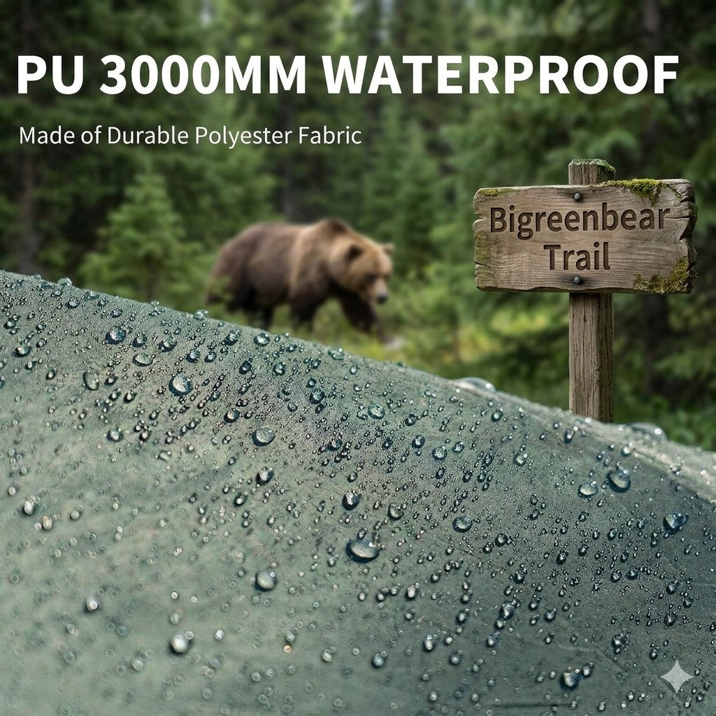 Waterproof fabric with bear and sign in the background