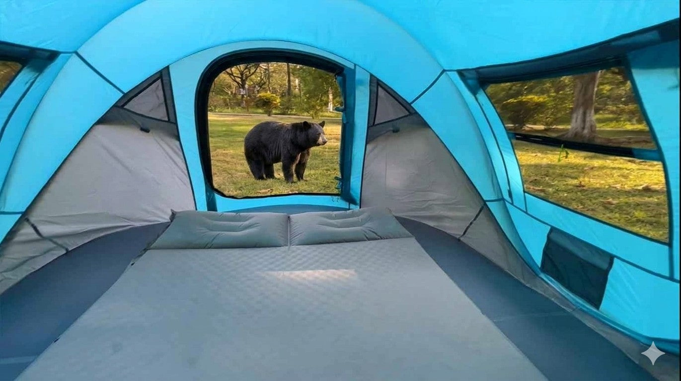 Camping tent interior with a bear outside