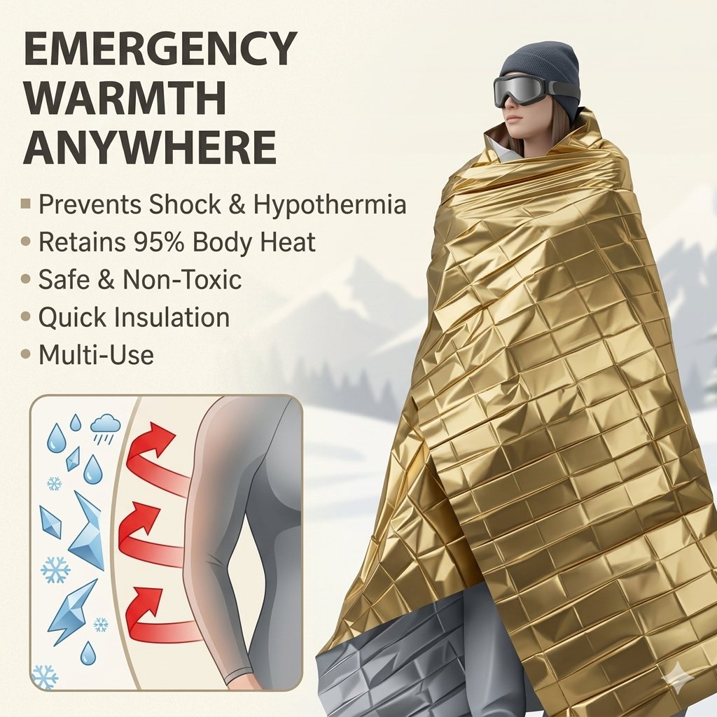 A person wrapped in a shiny gold emergency warmth blanket with a quilted grid texture, shown outdoors against a snowy mountain background. Large text reads 'EMERGENCY WARMTH ANYWHERE' with bullet points about preventing shock and hypothermia, and a small inset diagram illustrates heat retention.