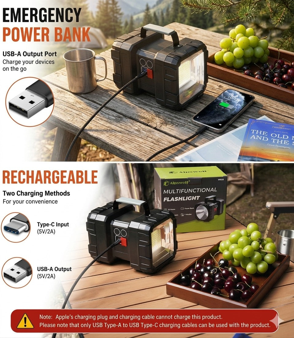 Multifunctional flashlight with emergency power bank and charging capabilities on a wooden surface.