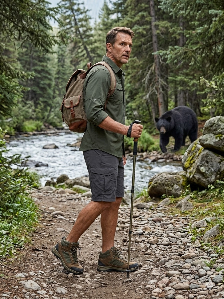 "Side profile of a man wearing gray Big Green Bear quick-dry cargo shorts and hiking boots, walking along a forest trail near a river."