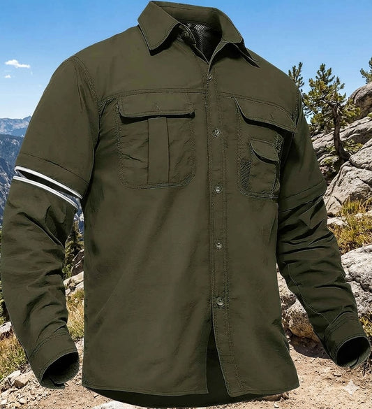 Green jacket with pockets on a rocky mountain background Big Green Bear