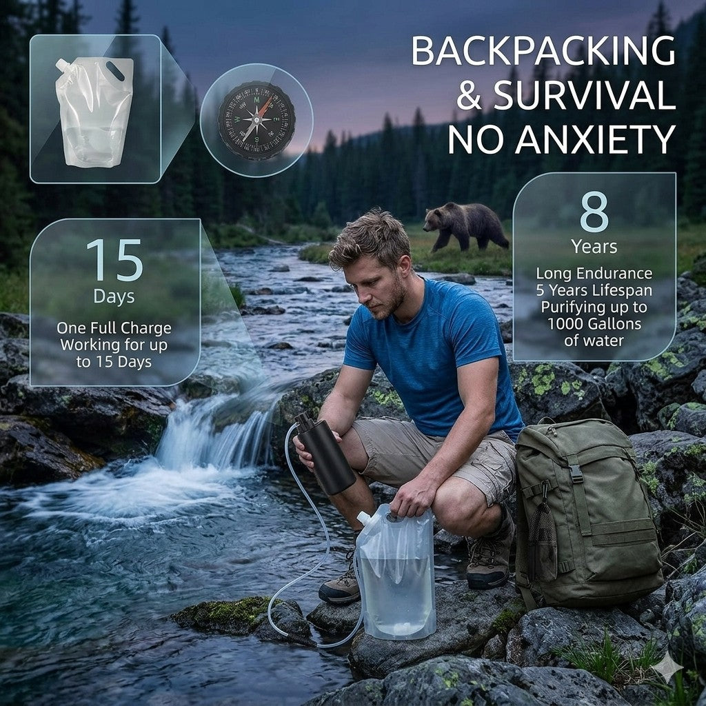 Man by a stream with water purification equipment, surrounded by nature, with text about product features.