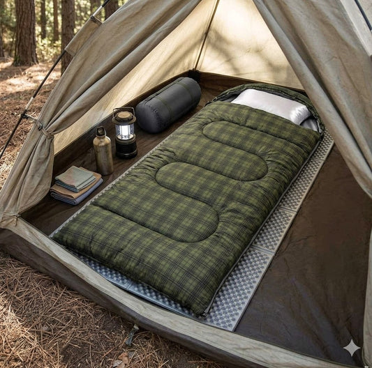 Camping setup with a green sleeping pad inside a tent in a forest setting. Big Green Bear