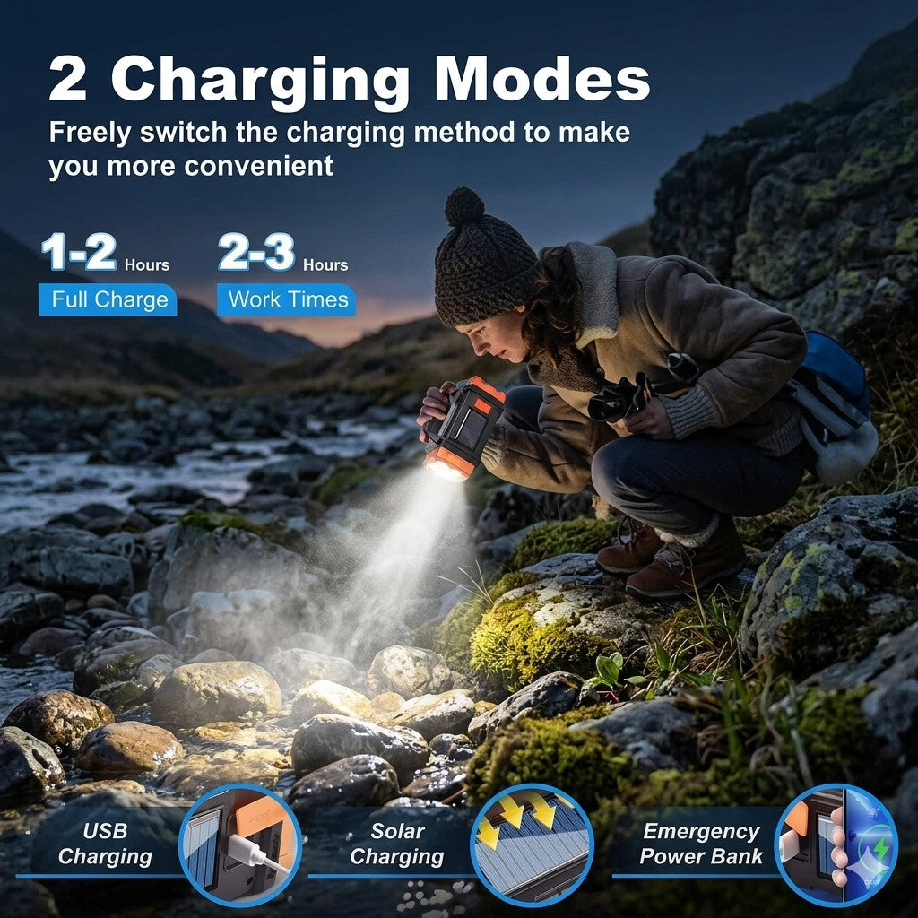 Person using a flashlight in a natural setting with text about charging modes.