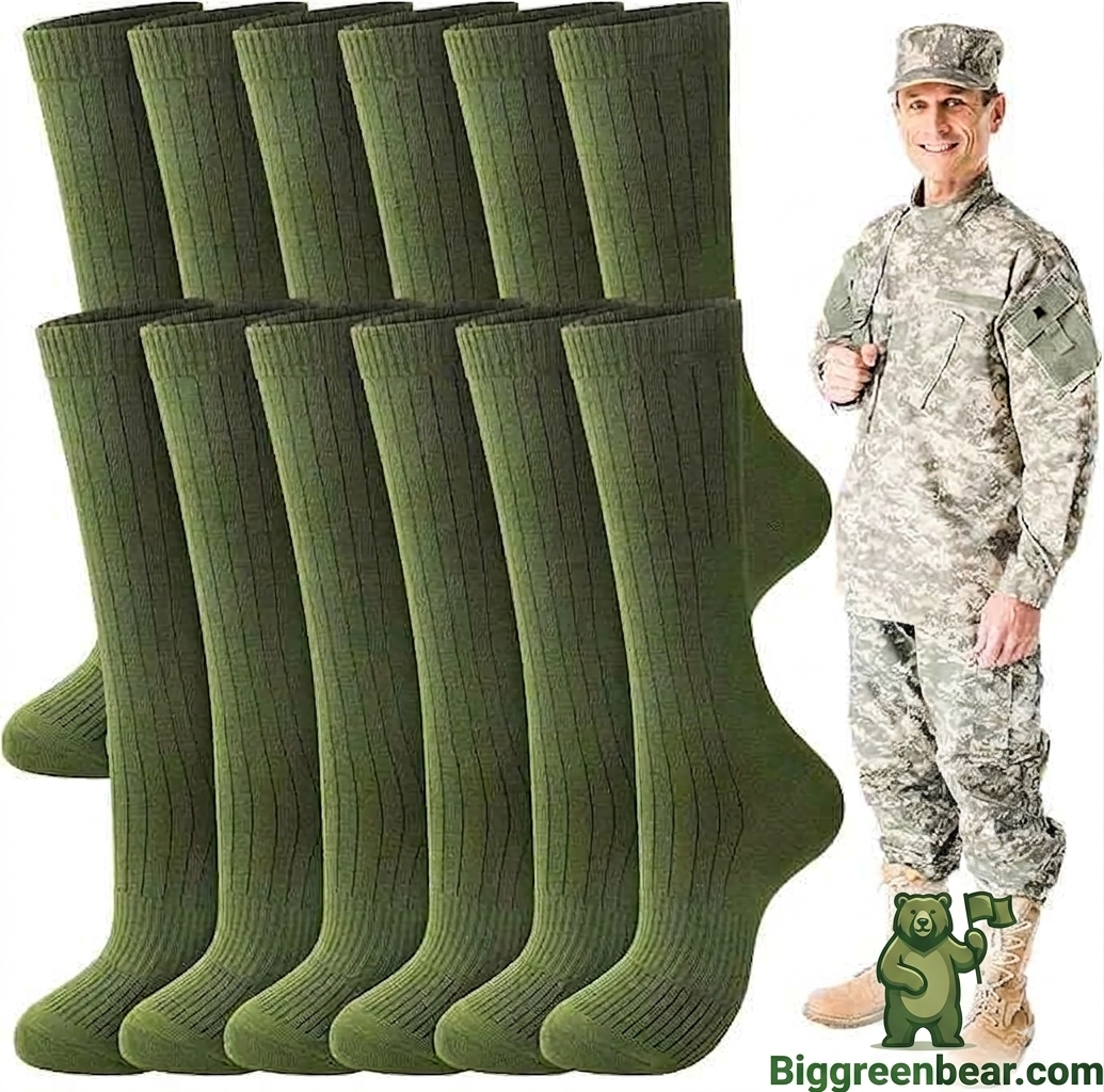 Multiple green military socks with a soldier in uniform on a white background, featuring Biggreenbear.com logo.