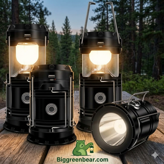 Set of black lanterns with glowing lights on a wooden surface with a forest background. Biggreenbear.com