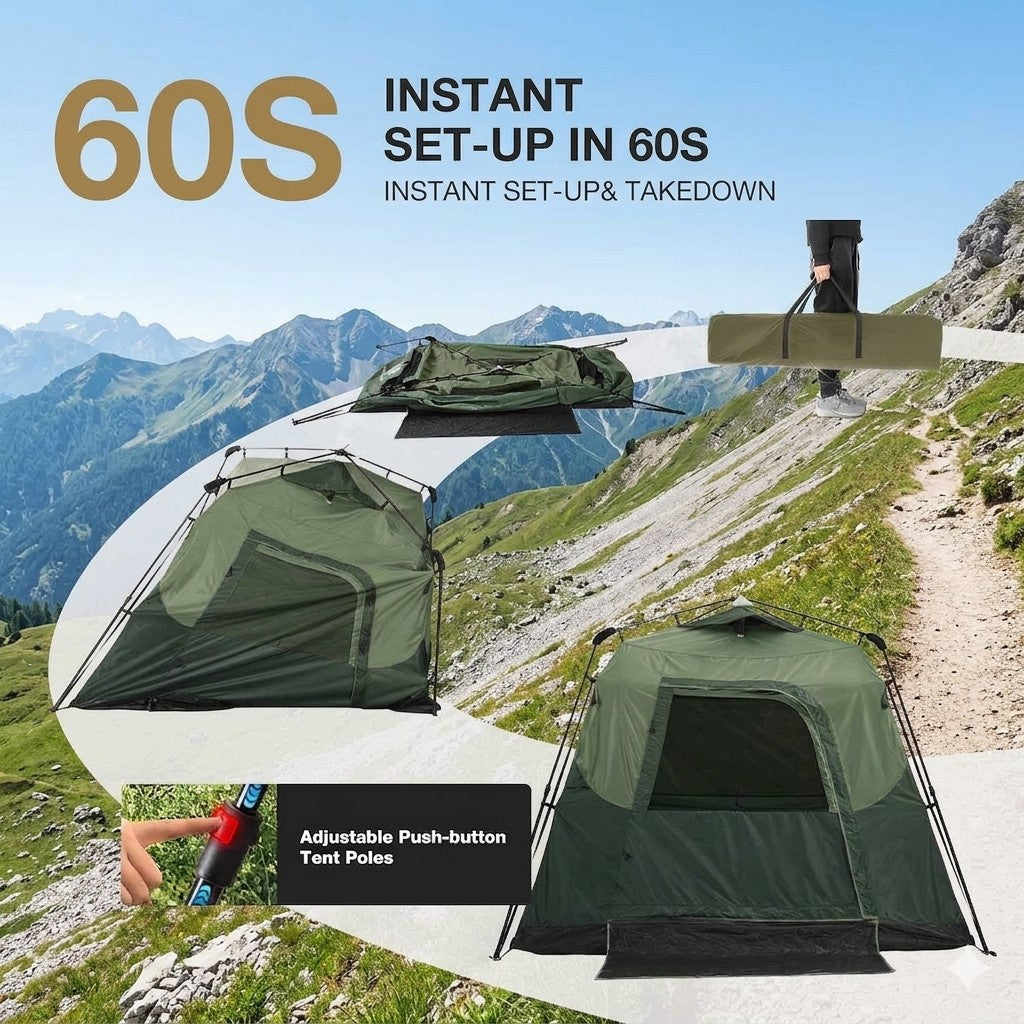 Green camping tent with adjustable push-button tent poles on a mountain background