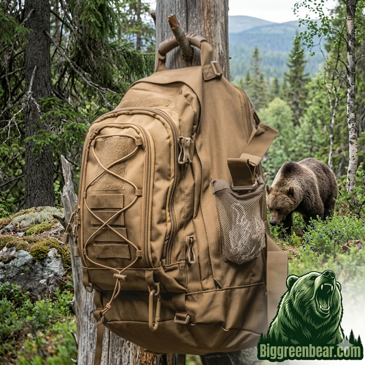 Brown backpack hanging on a tree in a forest with a bear and green logo in the corner. Biggreenbear.com