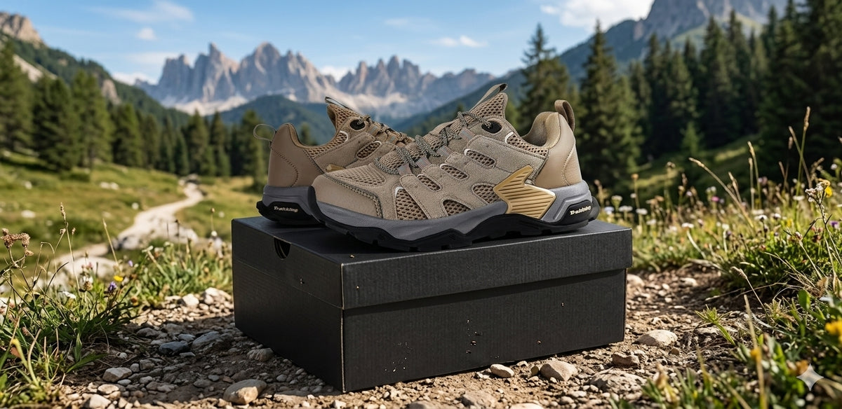 A pair of beige and black outdoor hiking shoes resting on top of a black shoe box, set against a scenic mountain meadow background.