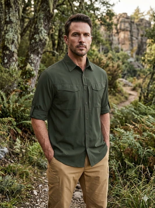 Man wearing a green shirt and beige pants standing in a forest Biggreenbear.com