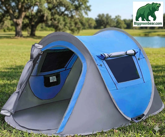 Blue and gray tent on grass with Biggreenbear.com logo.