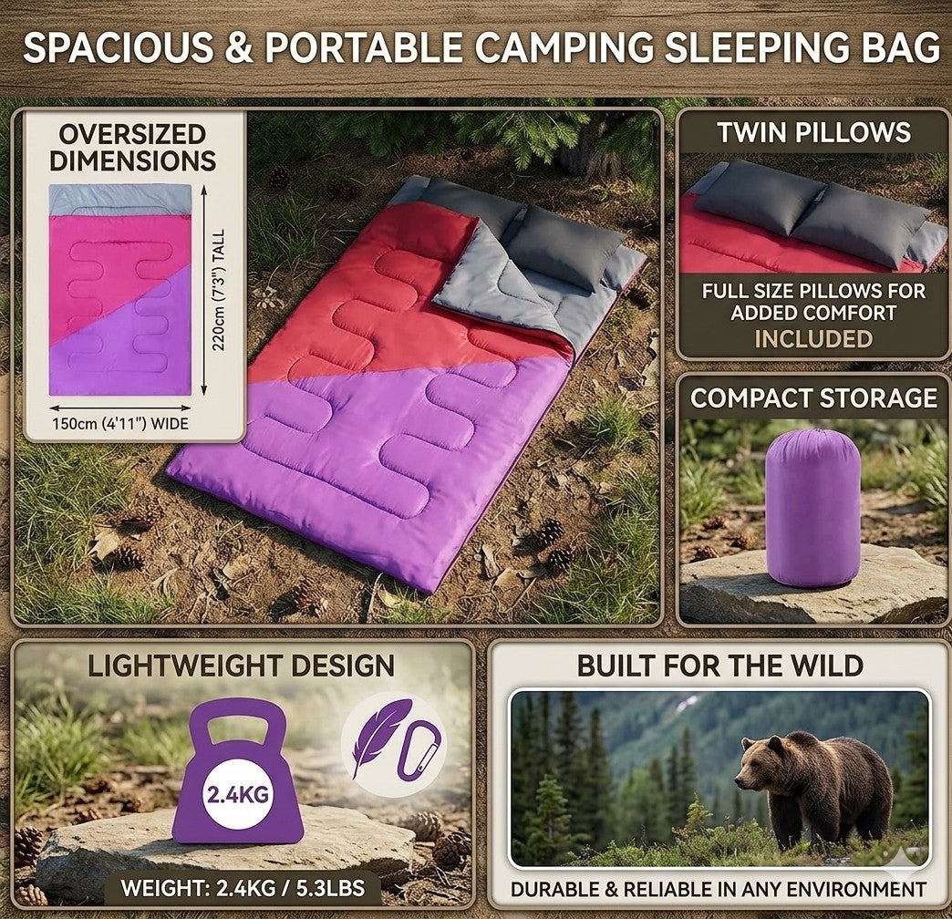 Spacious and portable camping sleeping bag with features highlighted on a natural background.