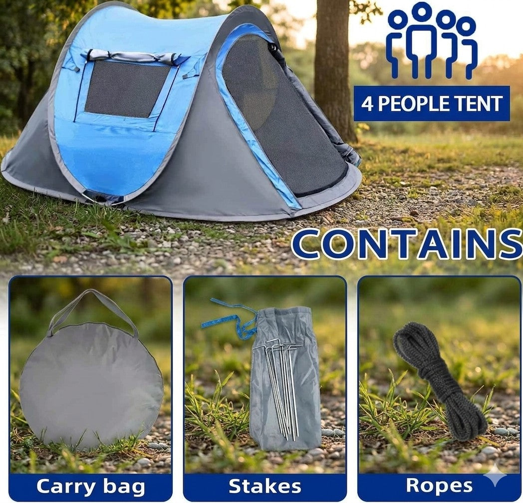 4-person tent with carry bag, stakes, and ropes on a grassy background