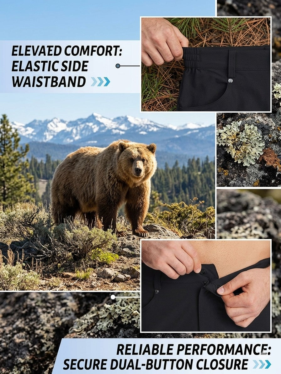 A male hiker wearing Big Green Bear quick-dry shorts standing by a mountain stream with a Kodiak bear in the background.