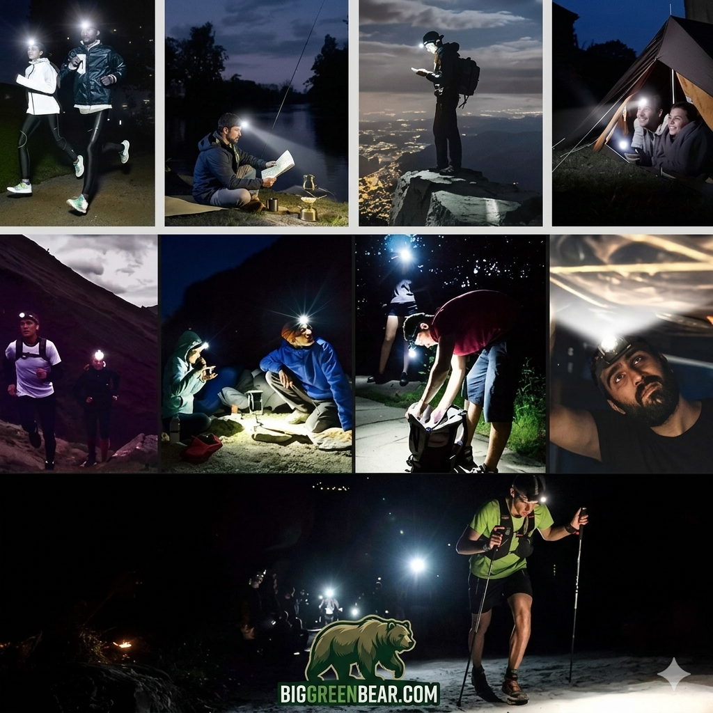Collage of people using a headlamp in various outdoor settings with Big Green Bear logo.