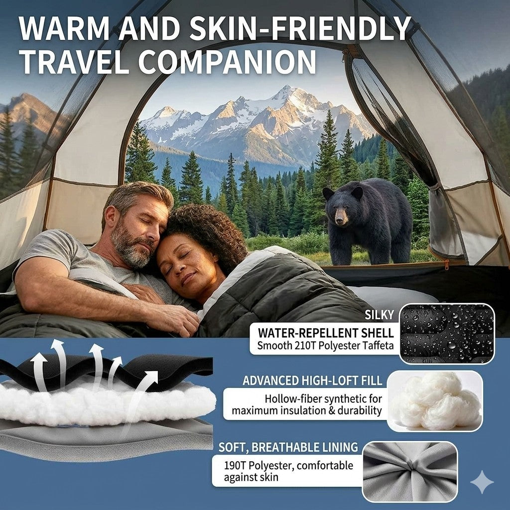 Couple inside a tent with a bear outside, featuring text about a warm and skin-friendly travel blanket.
