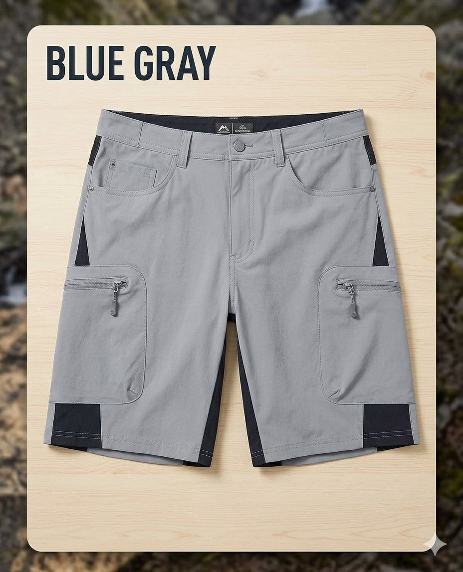 Gray shorts with black accents on a wooden board with 'BLUE GRAY' text.