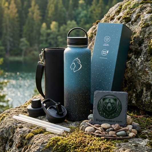 Blue water bottle with black accents, carrying case, and stone with brand logo on a natural rock background. Biggreenbear.com
