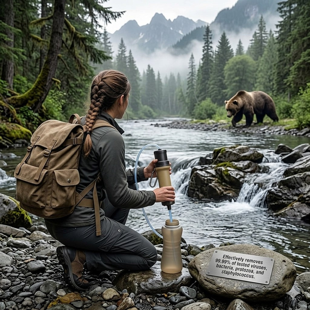 Person with a backpack using a water filtration system in a forest with a bear in the background